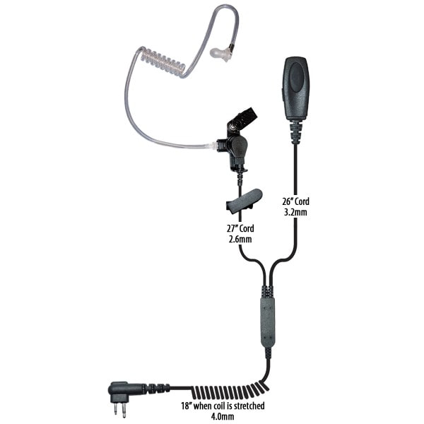 2-Wire Surveillance Kit, Dual PTT & Insulated Noise-Reduction Microphone, Knolles Transducer, Kevlar Reinforced Cabling, Improved Strain Releifs